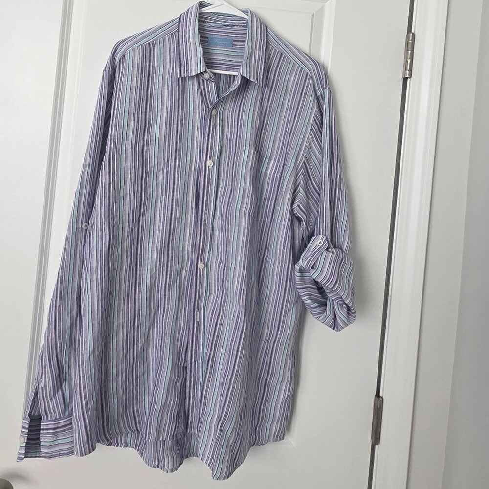 Toscano Untucked Shirt Men L Resort LS Striped Aqua Linen Breathable Vacation - Picture 2 of 5